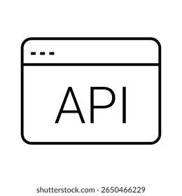 Outline icon of an API interface screen with brackets. Represents software integration, backend, or coding API. Linear style, editable stroke. vector illustration