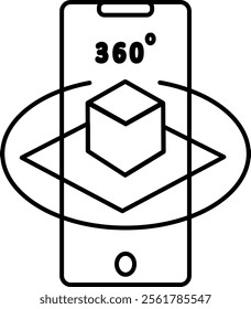 outline icon augmented reality (AR). Features a smartphone with a 360-degree symbol and a cube, symbolizing immersive AR experiences.