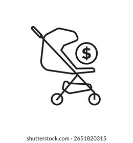 Outline icon of a baby stroller with a dollar sign symbolizing baby savings, parenting budget, or new baby financial planning. Ideal for finance, family, and parenting visuals.