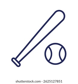 Outline icon of a baseball ball and bat on a white background, line art style