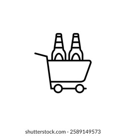 Outline icon of beer bottles in a shopping cart. Vector illustration.