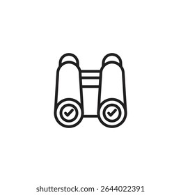 Outline icon of binoculars with check marks in lenses, symbolizing goal vision, future planning, strategic foresight, and focused objectives.