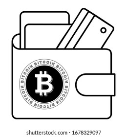 Outline icon of a Bitcoin wallet with a bank card. Vector illustration.