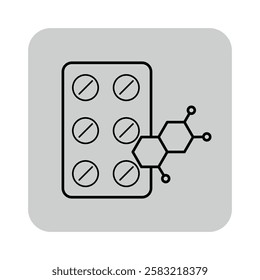 Outline icon of blister pack of pills alongside connected chemical structure, symbolizing medication and pharmacy. Design suitable for health-related concept