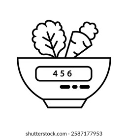 Outline icon bowl shaped with a digital scale button on the front as well as vegetables on top. Symbolizing a balanced diet, a healthy diet and the concept of portion management.