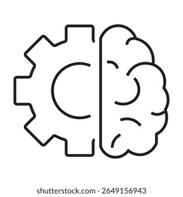 Outline icon of a brain with gear symbolizing smart thinking, mental processing, and innovation. Editable stroke. Vector illustration.