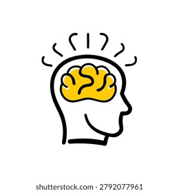 Outline icon of brain located inside human head for intelligence concept.