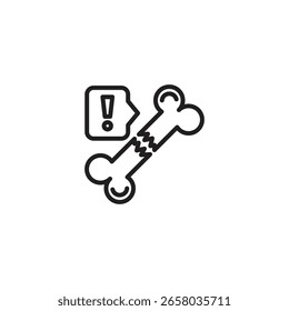 An outline icon of a broken bone with an exclamation mark in a speech bubble, symbolizing a fracture, injury, or urgent medical attention for bones.