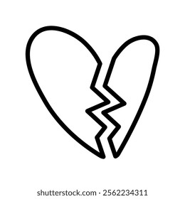 Outline icon. Broken heart. Black color. Hand drawn vector design. Illustration on white background.