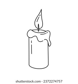 Outline icon of burning candle. Home decor for holidays. Hand drawn cozy candle. Vector illustration