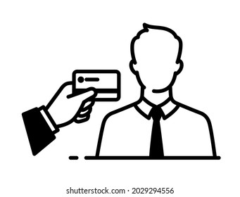 Outline icon of businessman and debit card. Investments and loans. To lend, bank transfer. Vector. The image is isolated on a white background.
