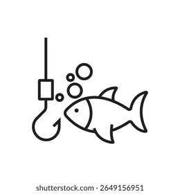 Outline icon of a businessman fishing for opportunities. Strategy metaphor in business and finance. Editable stroke. Vector illustration.