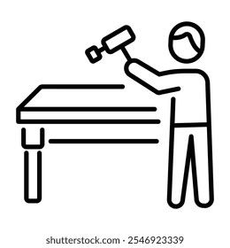 An outline icon of a carpenter working on a wooden table