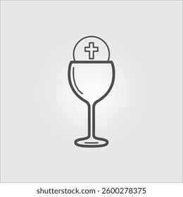 Outline icon of a chalice with wine and a host, symbolizing the Catholic Eucharist. Editable stroke.