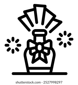 Outline icon of a champagne bottle with a bow tie celebrating new year's eve with fireworks exploding