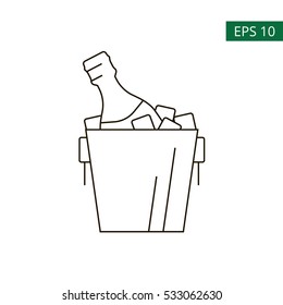 An outline icon of a champagne bottle in a bucket full of ice. Alcohol and celebrating of New Year, Christmas or anniversary. Minimalistic symbol for hotel services on white isolated background. 