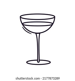 Outline icon of champagne glass with beverage. Birthday party, anniversary, christmas, new year, wedding cheers. Hand drawn doodle illustration. Lineair sketch element