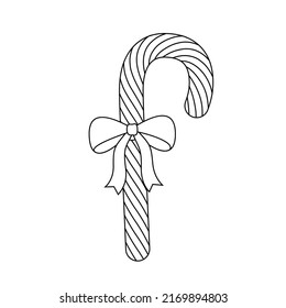 Outline icon of Christmas candy cane with spiral stripes and ribbon bow. Vector line peppermint hard sugar stick, caramel with bow, sweet gift for Xmas holiday