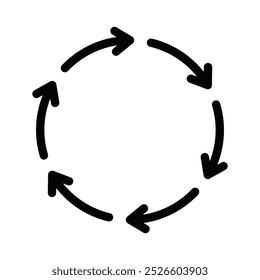 Ícone de contorno de setas circulares formando um ciclo, simbolizando repetição, processos ou continuidade em um design limpo e minimalista. Traçado editável.