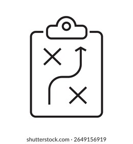 Outline icon of a clipboard with planning symbols representing business strategy. Editable stroke. Vector illustration.