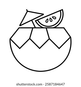 Outline icon of coconut with a small umbrella and watermelon slices.