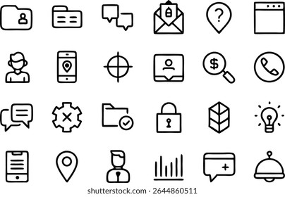 Esquema de la colección de íconos centrada en torno a temas de guía de información adecuados para los centros de ayuda de los App Guías de Asistencia al cliente y herramientas de navegación por Sitio web y contenido instructivo