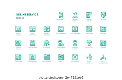 Outline icon collection covering essential online services for apps dashboards and digital platforms including payment streaming and collaboration