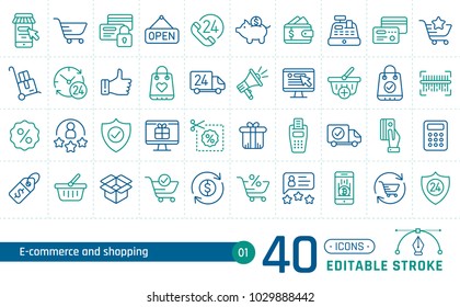 Outline icon collection of e-commerce and online shopping. Suitable for web, print media and interfaces. Editable stroke