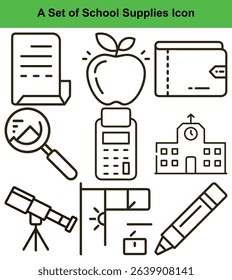 Outline icon of a collection of school-related objects a notebook, an apple, a telescope, a clock, a crayon, a magnifier, and a school building.