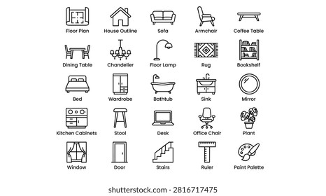 Outline icon collection showcasing various home interior elements. includes furniture such as sofa, armchair, coffee table, dining table, bed, and wardrobe, along with decor items like chandeliers, floor lamps, rugs, and bookshelves. perfect for architectural and home decor designs.