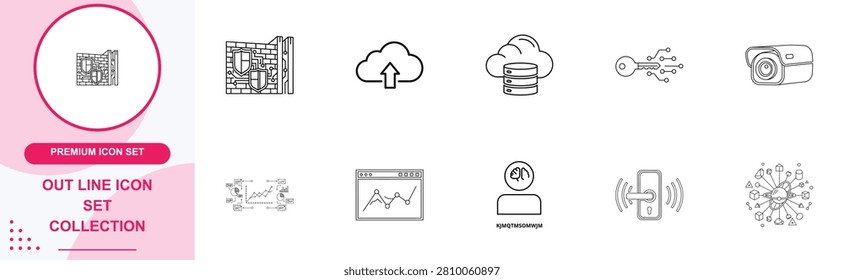 Outline icon collection showing firewall shield cloud computing encryption key security camera data analysis and smart lock.