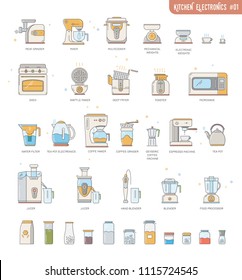 Outline icon collection small kitchen electronics appliances:espresso machine,coffee maker,food processor,multicooker,oven,kettle,blender, mixer,jucer,deep fryer,water filter,meat grinder,utensils