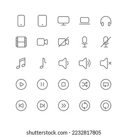 Outline icon collection for ui. Vector thin line illustration set. Media player, multimedia and music symbol isolated on white background. Design element
