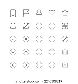 Outline icon collection for ui. Vector thin line illustration set. Web buttons, arrow, pin, heart shape, bell symbol isolated on white background. Design element