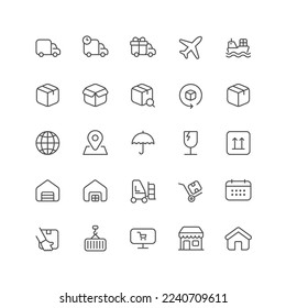Outline icon collection for ui. Vector thin line illustration set. Business delivery service, global shipping and warehouse symbols isolated on white background. Design element