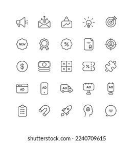Outline icon collection for ui. Vector thin line illustration set. Business ad, social media marketing, task management symbols isolated on white background. Design element