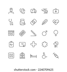 Outline icon collection for ui. Vector thin line illustration set. Health care, hospital, doctor and medicine symbols isolated on white background. Design element