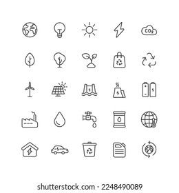 Colección de iconos de esquema para ui. Ilustración de línea delgada vectorial. El medio ambiente, la ecología, el reciclado y el símbolo de energía verde aislado en fondo blanco. Elemento de diseño