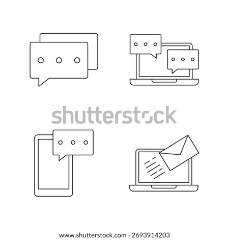 Outline icon collection of various communication concepts, including chat, instant messaging, and email functions displayed on a laptop or mobile phone.