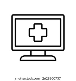 Icono de contorno de una pantalla de computadora con un símbolo de cruz médica