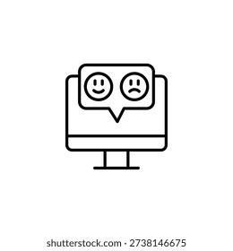 Outline Icon Of Computer Screen Showing Emotive Faces In Speech Bubble