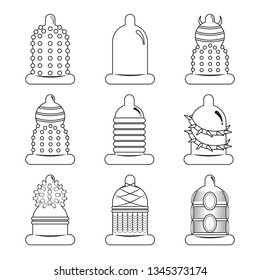 Outline icon condom set. Contraception and safe love concept. Different forms of condoms isolated on white background. Valentine day, World AIDS Day. thin line. Vector,illustrator