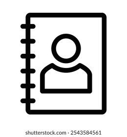 Outline icon of a contact book with a user icon. Editable stroke.