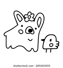 Outline icon. Corgi and bird. Vector illustration on white background.