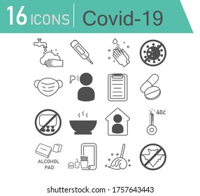 Outline icon as a Coronavirus.And is all about washing hand,stay at home,mask,hot food,food online,clean a house,no animal food .