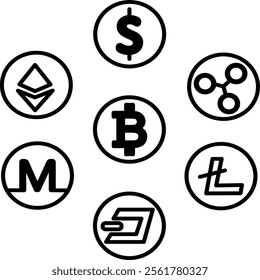 outline icon cryptocurrency. Features various currency symbols within circular icons, symbolizing digital assets and blockchain-based currencies.