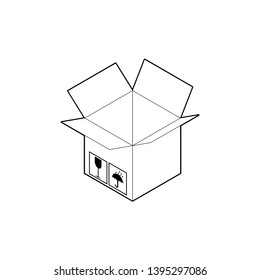 Outline icon of cubic cardboard box. Empty corrugated box with four open flaps. Isometric vector isolated on white background.