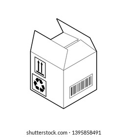 Outline icon of cubic cardboard box. Empty corrugated box with two open and two closed flaps. Isometric vector isolated on white background.