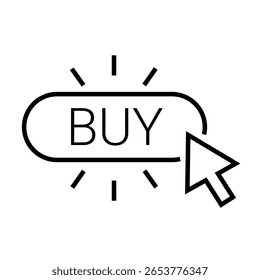 Ícone de estrutura de tópicos de um cursor clicando em um botão "comprar", representando compras on-line, compra de produtos ou interação de comércio eletrônico. traço editável. ilustração vetorial