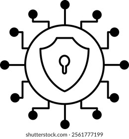 outline icon cybersecurity. Displays a shield with a padlock in the center surrounded by nodes, symbolizing data protection and secure networks.